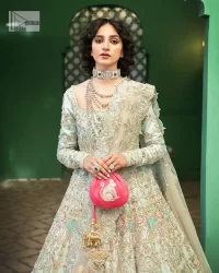 Brighten up your big day with this beautiful ensemble - Perfectly suited to the trend! DeemasFashion presents this nikah wear in the shade of ice blue. This stunning maxi has a fully embellished square neckline and full sleeves. Graceful multiple-colour work and floral designs enhance the charm of this maxi. Zardozi, pearls, dabka, kora, Kundan, and stones give a perfect finish to the overall look. The flares of the following maxi make it your foremost priority to wear on the most important day of your life. Paired this with a dupatta which is adorned with a four sided embellished borders and sequins sprayed all over to make this look more charming and perfect.