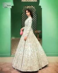 Brighten up your big day with this beautiful ensemble - Perfectly suited to the trend! DeemasFashion presents this nikah wear in the shade of ice blue. This stunning maxi has a fully embellished square neckline and full sleeves. Graceful multiple-colour work and floral designs enhance the charm of this maxi. Zardozi, pearls, dabka, kora, Kundan, and stones give a perfect finish to the overall look. The flares of the following maxi make it your foremost priority to wear on the most important day of your life. Paired this with a dupatta which is adorned with a four sided embellished borders and sequins sprayed all over to make this look more charming and perfect.