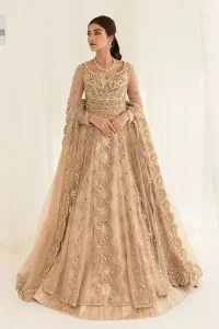 Presenting elegance personified glamorous formal nikah outfit. A heavenly-designed light golden maxi on an organza base serves as a canvas for spellbinding embellishments of antique gold, tilla, dabka, kora, Kundan and sequins. The sweetheart neckline makes this outfit unique and priceless. Furthermore, the following flawed maxi has three-quarter sleeves. It is paired with a plain lehenga and a dupatta in the same colour. The dupatta is adorned with carefully placed sequin spray and embellished four-sided borders for more calm and charm.