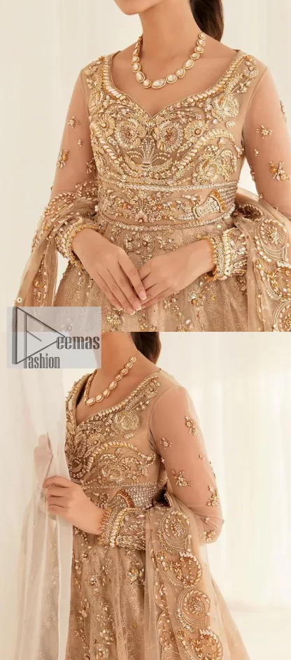 Presenting elegance personified glamorous formal nikah outfit. A heavenly-designed light golden maxi on an organza base serves as a canvas for spellbinding embellishments of antique gold, tilla, dabka, kora, Kundan and sequins. The sweetheart neckline makes this outfit unique and priceless. Furthermore, the following flawed maxi has three-quarter sleeves. It is paired with a plain lehenga and a dupatta in the same colour. The dupatta is adorned with carefully placed sequin spray and embellished four-sided borders for more calm and charm.