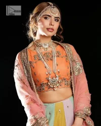 Fun colours, fresh you.  This breathtaking blouse in light orange colour is gracefully adorned with hand-crafted embellishments and lavish golden work creating a magnificent masterpiece to give you your desired appearance. The boat shape neckline of the mehndi wear is the epitome of beauty. Further, the embellished three-quarter is adorned with lavish designs and fine details making it a perfect choice to pair with the lehenga. It is organized with lehenga having multi-colour panels to give you a fresh and rainbow look on your mehndi. The lehenga is also adorned with tilla, dabka, kora, Kundan and the real magic of Zardozi. Complete this article with a dupatta, framed with four-sided borders and floral motifs on pallu to make your day Funday.