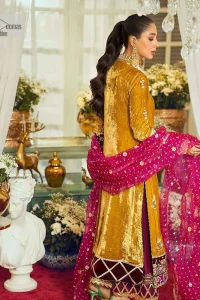 This mustard ensemble features zari and tilla details creating the perfect magical look for the season! The stunning long shirt in an alluring mustard shade comes in velvet fabric. The V-neckline of this shirt is emblazoned with embroidery and hand-crafted embellishments. Motifs, tilla, and threads give a perfect finishing look to the shirt. It is enhanced with multiple colours embroidered patches at the bottom to stole everyone's heart. It is paired with scalloped burgundy trousers to balance the overall look of this party wear. Complete this with a dupatta having tiny floral motifs and sequins sprayed all over.