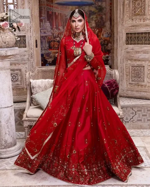 Statement suiting in red. This red blouse comes with a lehenga and dupatta in premium fabric quality. The blouse is