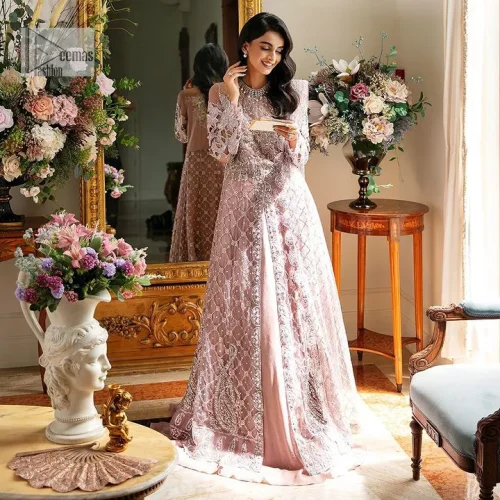 Incoming: that nikkah feeling with some flowers. Unique maxi for nikkah outfit in soft pink colour is embellished with silver