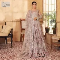 This elegantly poised ensemble defines nikah fashion in its most refined form! The scalloped maxi in premium quality is hand-embellished with beaming adornments and multiple colour embroidery. It is further enhanced with tilla, dabka, kora, Kundan and the real magic of crystals. Stunning designs on full sleeves and premium details on the illusion neckline make it an exquisite masterpiece. It is combined with sharara to balance the most demanding and delicate look. Finish this nikah wear with a dupatta in the same colour. The borders of this dupatta are heavily embellished, giving a perfectly glamorous look to the beautiful attire.
