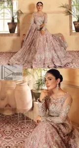 This elegantly poised ensemble defines nikah fashion in its most refined form! The scalloped maxi in premium quality is hand-embellished with beaming adornments and multiple colour embroidery. It is further enhanced with tilla, dabka, kora, Kundan and the real magic of crystals. Stunning designs on full sleeves and premium details on the illusion neckline make it an exquisite masterpiece. It is combined with sharara to balance the most demanding and delicate look. Finish this nikah wear with a dupatta in the same colour. The borders of this dupatta are heavily embellished, giving a perfectly glamorous look to the beautiful attire.