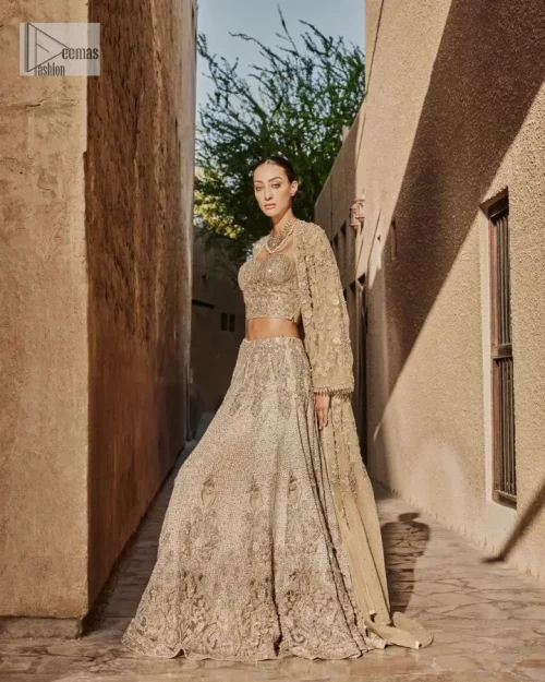 This modern piece is all about extraordinary details and aesthetic vibes! A beige organza blouse is heavily embellished with dabka,