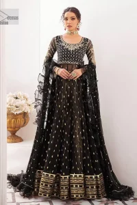 Let your outfit speak for the style tale itself! The frock, lehenga and dupatta combination is a breathtaking attire that comes in black colour. Traditional designs and hand-crafted embellishments on the frock which involves tilla, dabka, kora and Zardozi give a magnificent look to this perfectly. The beautiful light golden embroidery on full sleeves makes this article stunning and loving. It is paired with jamawar lehenga in the same colour to add some traditional look. Complete this party wear with a frilled dupatta sparkling with a sequin spray to make your day bright. 