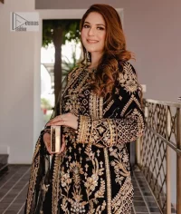 Intricate floral patterns all over! Make a style statement with this elegant embroidered long shirt adorned with golden embroidery decorated with sequins, tilla, dabka, kora, Kundan, heavily embellished bodice, and floral bunches. The round neckline of the following shirt makes this article stunning and charming. The full sleeves of the shirt are also magnified with floral motifs. It is paired up with trousers in the same colour to balance the overall look of this party wear. Complete this outfit with a dupatta framed with four-sided borders and tiny floral motifs all over which is exactly a pure trendy style.