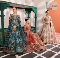 Mark your presence in this elegant Mehndi outfit. The front open scalloped pishwas in the teal green shade are adorned with hand-crafted details of tilla, dabka, Kora, Kundan and the real magic of Zardozi. It is further enhanced with golden embroidery to give a royal touch to this outstanding pishwas. The floral matters on full sleeves enhance the beauty of the outfit. In addition to this, the round neckline style of the following pishwas is absolutely breathtaking. It is paired with crushed lehenga n the same colour to enable the fairness of the outfit. Complete this stunning dress with a dupatta framed with a four-sided border to highlight your presence.