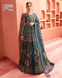 Mark your presence in this elegant Mehndi outfit. The front open scalloped pishwas in the teal green shade are adorned with hand-crafted details of tilla, dabka, Kora, Kundan and the real magic of Zardozi. It is further enhanced with golden embroidery to give a royal touch to this outstanding pishwas. The floral matters on full sleeves enhance the beauty of the outfit. In addition to this, the round neckline style of the following pishwas is absolutely breathtaking. It is paired with crushed lehenga n the same colour to enable the fairness of the outfit. Complete this stunning dress with a dupatta framed with a four-sided border to highlight your presence.