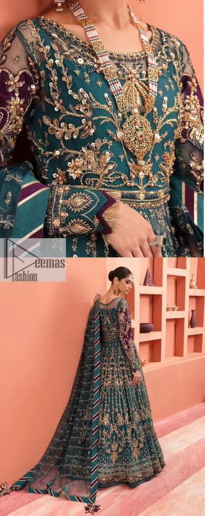 Mark your presence in this elegant Mehndi outfit. The front open scalloped pishwas in the teal green shade are adorned with hand-crafted details of tilla, dabka, Kora, Kundan and the real magic of Zardozi. It is further enhanced with golden embroidery to give a royal touch to this outstanding pishwas. The floral matters on full sleeves enhance the beauty of the outfit. In addition to this, the round neckline style of the following pishwas is absolutely breathtaking. It is paired with crushed lehenga n the same colour to enable the fairness of the outfit. Complete this stunning dress with a dupatta framed with a four-sided border to highlight your presence.