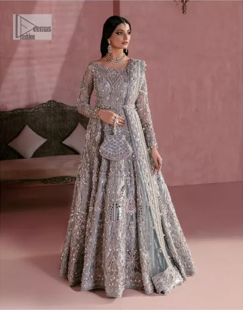 A timelessly classic and hot Nikah wear. DeemasFashion presents the flared maxi in grey colour which is heavily adorned with