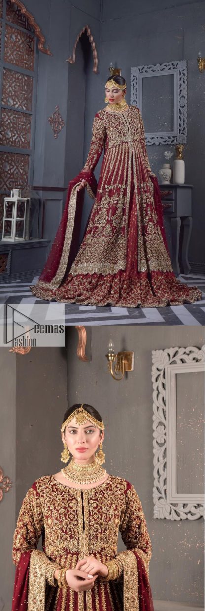 Bold and classy colour for the reception outfit! The maroon gown is breathtakingly adorned with hand-crafted embellishments and intricate designs. It is enhanced with tilla, dabka, Koran, Kundan and details of Zardozi. The round neckline is emblazoned with golden embroidery to make this masterpiece romantic. The full sleeves of the following scalloped gown are adorned with fine details. It is paired with flared lehenga which is also heavily embellished giving a royal look to the gorgeous bride. Finish this maroon outfit with a dupatta which is ornamented with four-sided borders and sequins sprayed all over to create an exquisite dress.