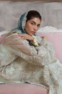 It’s bright, it's bold, it’s crosshatch. DeemasFashion presents the soft green and teal blue combo party outfit. The long shirt is heavily adorned with tilla,dabka, Kora, Kundan and the magical details of Zardozi. It is prominent with fine details of silver embroidery. The V neckline has delicate handwork to enhance the masterpiece. Further, the full sleeves also add super beauty to the outfit. It is paired up with plain trousers and a blouse to balance the overall outfit so that you are just the shining star of the show. Complete this handsome look with teal blue dupatta which is embellished with four-sided borders and sequins sprayed all over.