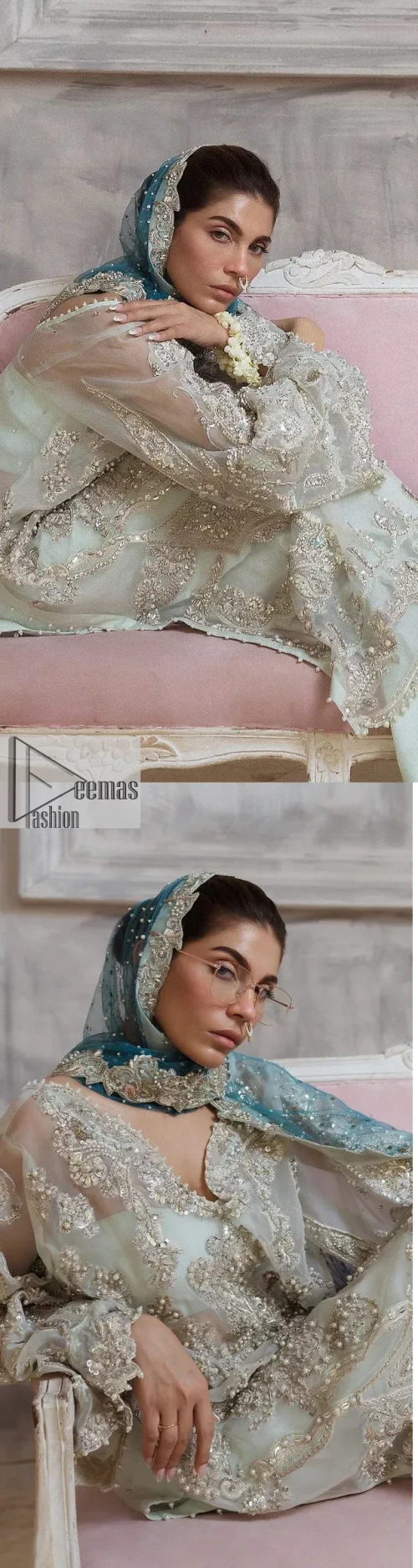 It’s bright, it's bold, it’s crosshatch. DeemasFashion presents the soft green and teal blue combo party outfit. The long shirt