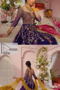 Slay your mehndi looks with signature statement pieces. This stunning plum frock is gracefully emblazoned with tilla, dabka, kora, Kundan, Zardozi and crystal details and graceful multiple-colour embroidery work giving you a breathtaking dreamy appearance at the wedding. The floral motifs on the three-quarter sleeves add grace to the outfit. Further, the round neckline has fine details. It is paired up with a lehenga in the same colour having prominent borders just to prominent you on your Mehndi day. Complete this mehndi outfit with a dupatta with sparkling sequins all over to slay your look.