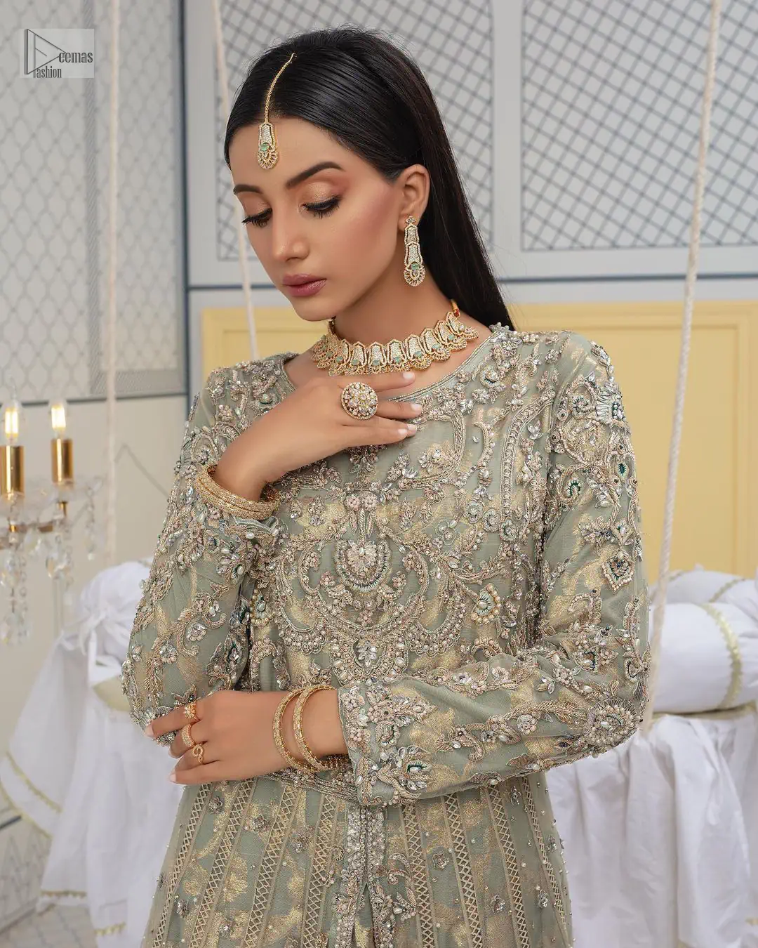 Embellishment is on the rise! The elegant front open maxi is heavily embellished in work of tilla, sequins, dabka, Zardozi,