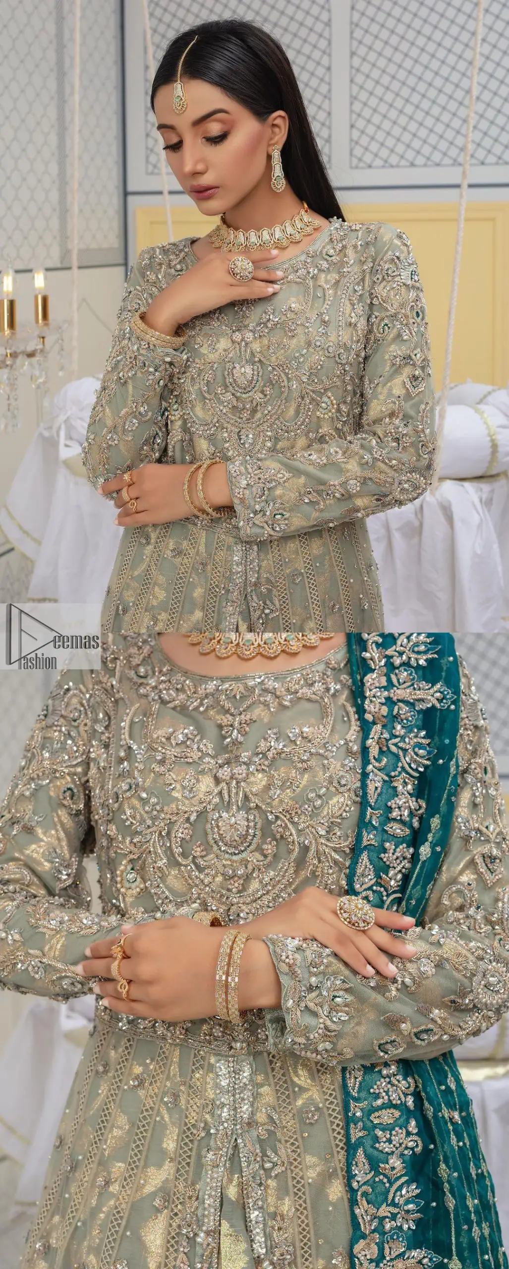 Embellishment is on the rise! The elegant front open maxi is heavily embellished in work of tilla, sequins, dabka, Zardozi,