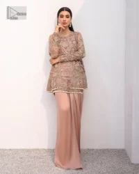 Rich shades and stunning details of party outfit – you’ll be making heads turn. A 2 pc outfit with a short front open shirt, full sleeves with floral pattern and embellishments on organza fabric; the asymmetrically placed designs are studded with golden and silver embroidery which is further highlighted with tilla, dabka, kora, Kundan and the intricate details of Zardozi. The embellished neckline has the finest details. It is paired up with the inner shirt that is also embellished to make this luxury attire unique. To complete the outfit the plain lehenga paired, just to fulfil your diva look.