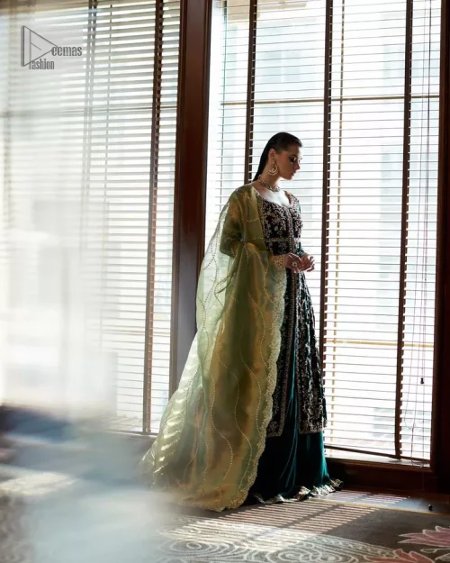 Outfits that define you. DeemasFashion presents the party wear in deep green colour which is adorned with light golden embroidery.