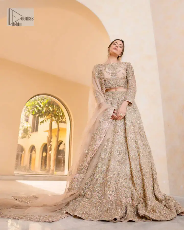 It features a softgalm-inspired look that redefines elegance. An elegant rhyme to tradition, the attractive and beautiful walima wear lehnga
