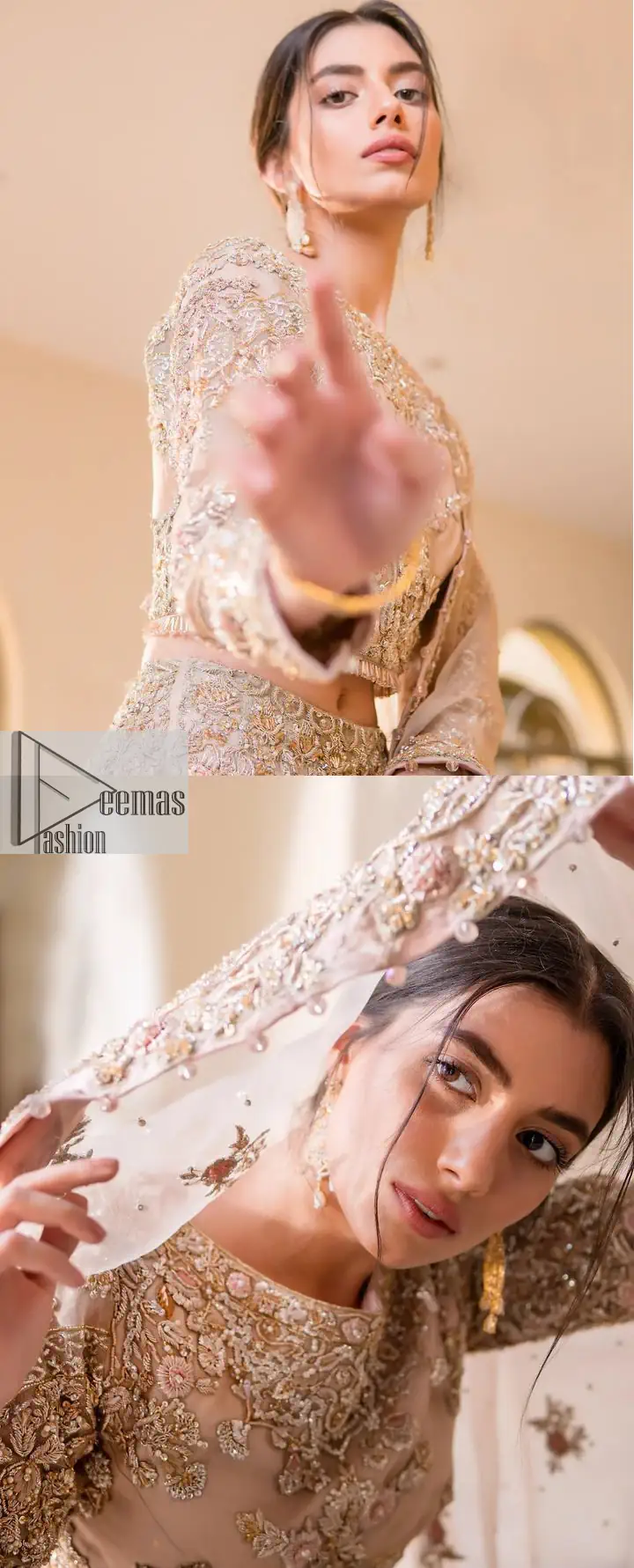 It features a softgalm-inspired look that redefines elegance. An elegant rhyme to tradition, the attractive and beautiful walima wear lehnga