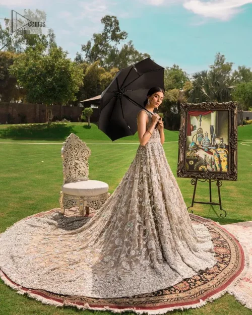 Your wedding vibe. Your wedding mood. Your wedding scent. The light fawn back train heavy maxi and dupatta are hand