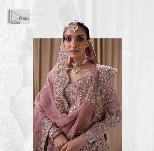 Stand out and stay pink with this nikah wear! The delightful article in pink colour is a traditional masterpiece that