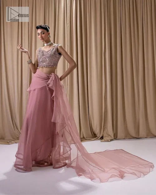 Turn heads in our stunning bridesmaid saree! The beautiful tea pink blouse is adorned with silver and golden embroidery which