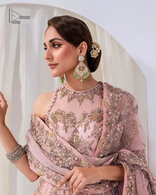 Matching embellishments are here to stay. The attractive tea pink nikah article is a stunning attire adorned with tilla, dabka,