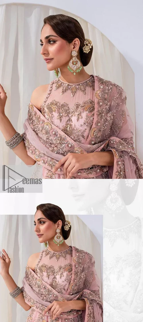 Matching embellishments are here to stay. The attractive tea pink nikah article is a stunning attire adorned with tilla, dabka,