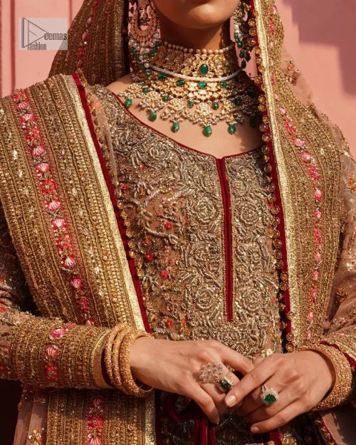 Create a look that’s for you with just one twist of this reception wear. A soft brown short shirt heavily