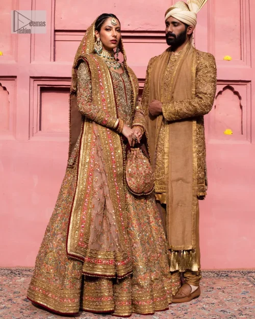 Create a look that’s for you with just one twist of this reception wear. A soft brown short shirt heavily