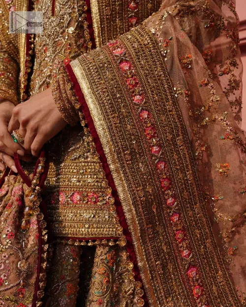 Create a look that’s for you with just one twist of this reception wear. A soft brown short shirt heavily