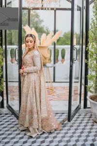 The round neckline is fully embellished with tilla, dabka, kora, Kundan, and pearls, giving it a magical look. The full-sleeved style makes this outfit a little attractive but super charming.