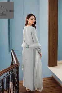 Timeless details that add an extra edge to your looks! Deemas Fashion presents this Party outfit, an embellished masterpiece that wins everyone’s hearts at first glance with its charm and elegance. The shirt in the Gray colour is laden with golden and teal embroidery, making this attire a head-turning masterpiece. Further, the round neckline is fully embellished with tilla, dabka, kora, Kundan, and pearls that give it a magical look. The full-sleeved style makes this outfit a little attractive but super charming. Complete this article with a dupatta, having a tiny floral motif all over to give you a decent look.