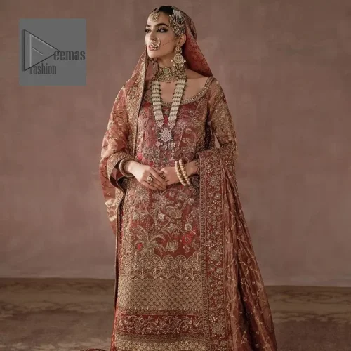 Delicate embellishments like tilla, dabka, kora, Kundan and Zardozi add an extra touch of elegance and sophistication to this dress.