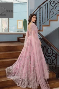 DeemasFashion presents this wedding outfit which is an embellished masterpiece that wins everyone’s hearts at the very first glance with its charm and elegance. The Maxi in the Pink colour has laden with Silver embroidery which makes this attire a head-turning masterpiece. Further, the v-neckline is fully embellished with tilla, dabka, kora, Kundan, and pearls that is giving it a magical look. The hanging sleeves style makes this outfit a little attractive but super charming. Complete this article with a dupatta, framed with a four-sided border.