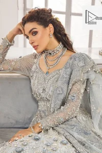 Awe-inspiring embellishments on luxurious Gray canvas for an ultra-bride look on nikkah.