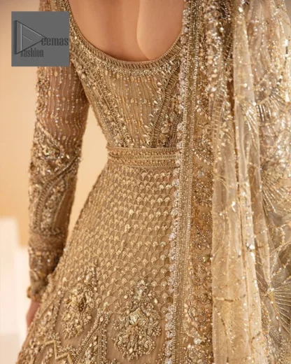 Intricate details of tilla, dabka, kora, Kundan, Zardozi, and sequins give a royal look to this Nikah Dress.