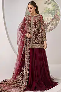 Maroon Front Open Peplum Flared Inner Maxi