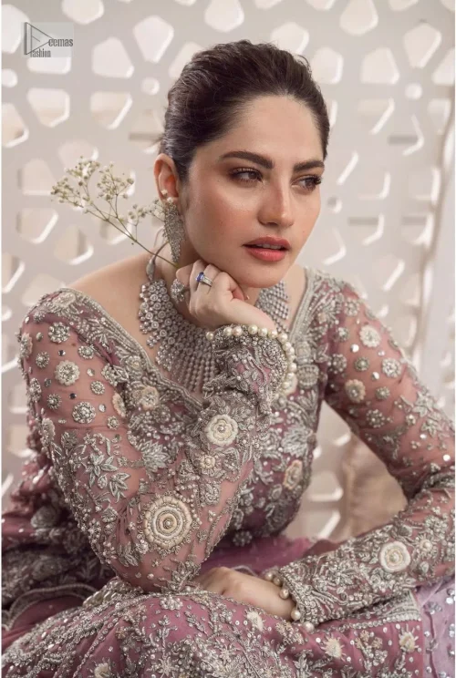 Violet Scalloped Long Shirt Silky Tea Rose Lehenga