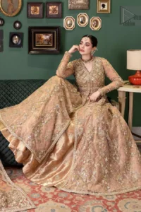 its exquisite details and timeless charm will leave everyone in awe. It is coordinated with lehenga and dupatta having small motifs all over.