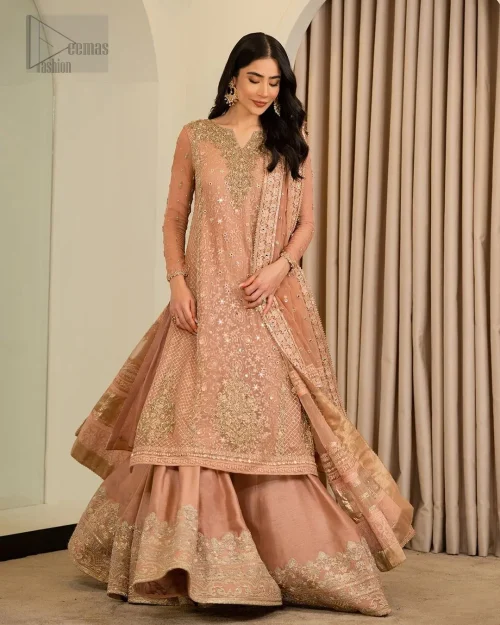 It is paired up with a dupatta having four sides embellished border. Elevate your Nikah ceremony with this enchanting dress,