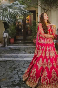 When you wear this bridal-style dupatta in which small motifs are available, all eyes will be on you, and you'll feel wonderful. Make your reception unforgettable with this special dress that shows off your style.