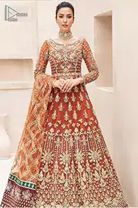 Embody the spirit of celebration in the Rust Full Length Pishwas Lehenga, a captivating choice for the Mehndi bride.