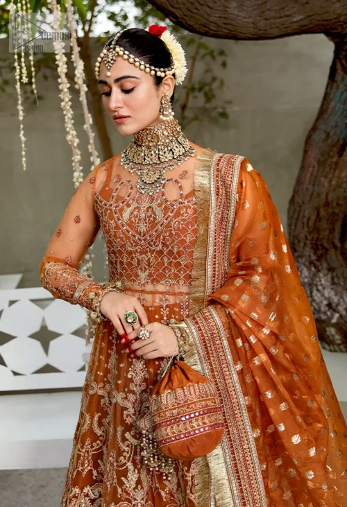 This outfit enchants with its warm rust tones, perfect for the vibrant mehndi night. The embellished bodice with delicate golden
