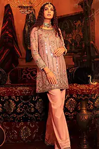 Step into timeless elegance with the Salmon Pink Short Shirt Palazzo Pants, an elegant choice for Nikah festivities.