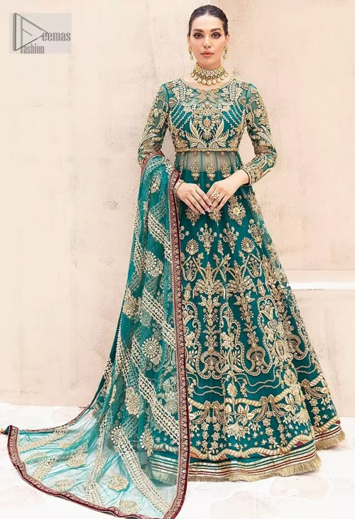 The full sleeves and classic round neckline enhance its timeless charm. Complete the ensemble with a dupatta adorned with intricate